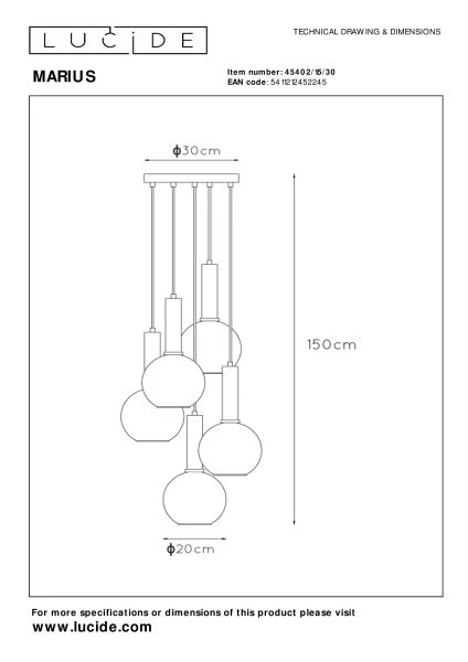 Lucide MARIUS - Hanglamp - Ø 55 cm - 5xE27 - Zwart - technisch